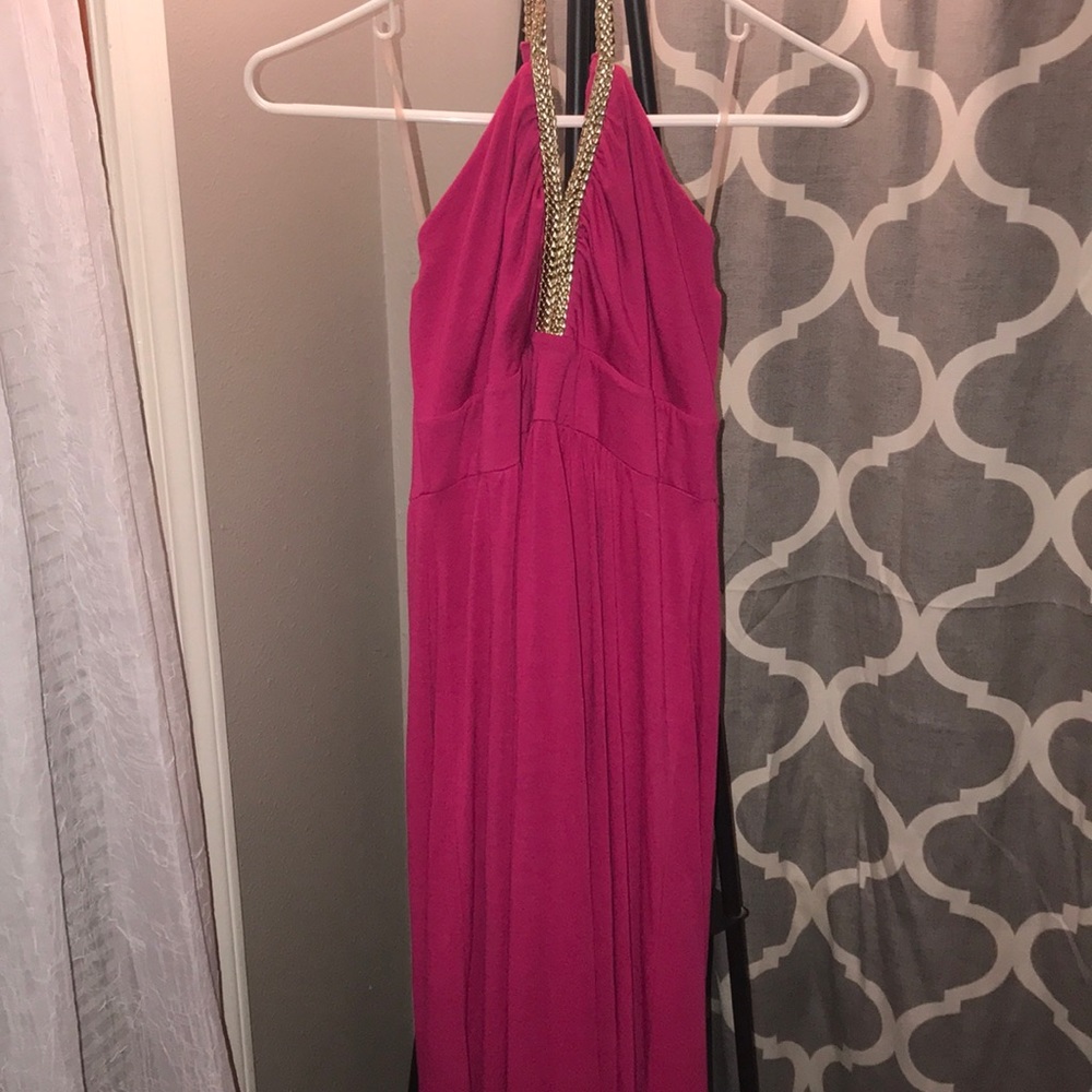 long pink dress with gold neckline